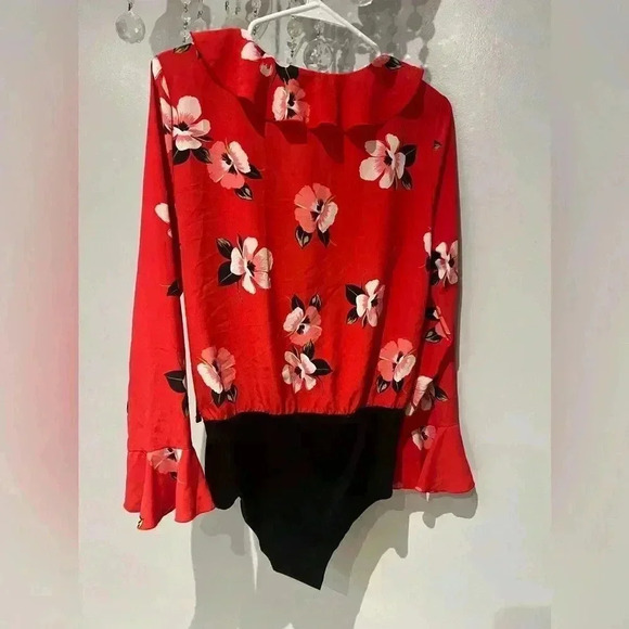 ZARA Red Floral Print Ruffle Shirt Bodysuit Plunge V Neck MEDIUM - Picture 6 of 6